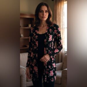 Piphany Black and Pink Floral Cardigan with Pockets Size 2